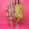 Floral Center Tie Front Mini Dress W/ 3/4 Puff Sleeves | S-3X