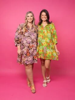 Floral Center Tie Front Mini Dress W/ 3/4 Puff Sleeves | S-3X