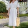 Eyelet Short Flutter Sleeve Midi Dress With Smocked Waist | S-3XL Rokoko
