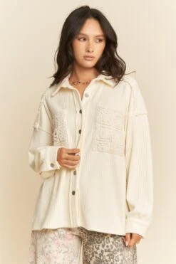 Crochet Lace Detail Loose Fit Corduroy Shirt | S - L Davi & Dani