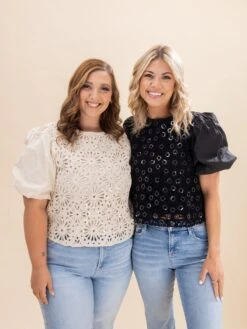 Sequin Crochet Bodice Woven Blouse | S-XL