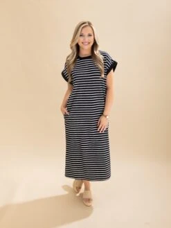 Short Sleeve Striped Knit Dress | S-3X