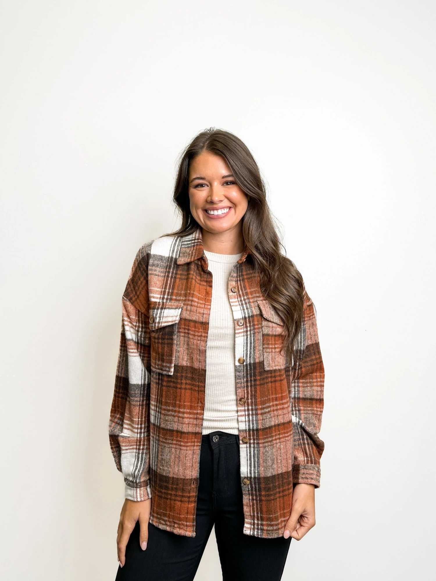 Plaid Button Down Collared Long Sleeve Shacket W/ Flap Pockets | S - 2XL 2 Plaid Button Down Collared Long Sleeve Shacket W/ Flap Pockets | S - 2XL - Image 2