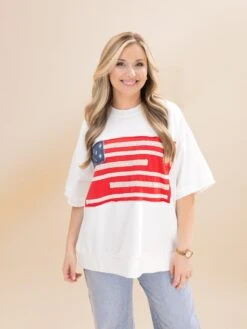 French Terry Short Sleeve Pullover With Flag Patch | S-3XL Americana