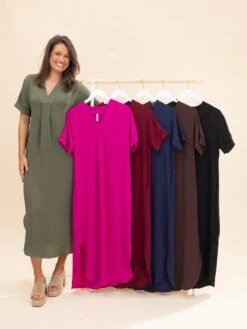 Airflow V Neck Placket W/ Front Pleat Maxi Dress W/ Pockets | S-3X