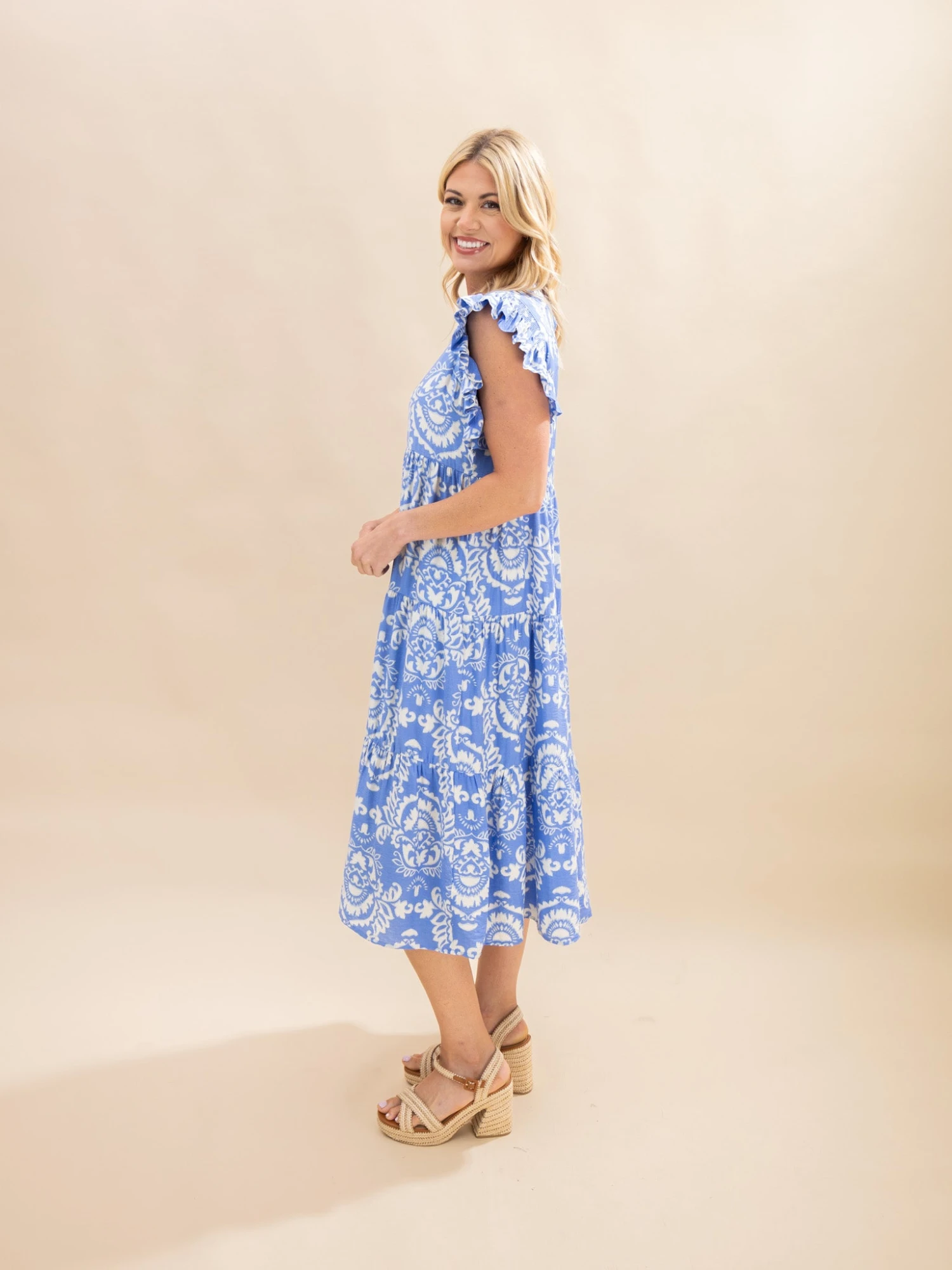 Paisley Print Tiered Midi Dress With Ruffle Shoulders | S-L 2 Paisley Print Tiered Midi Dress With Ruffle Shoulders | S-L - Image 2