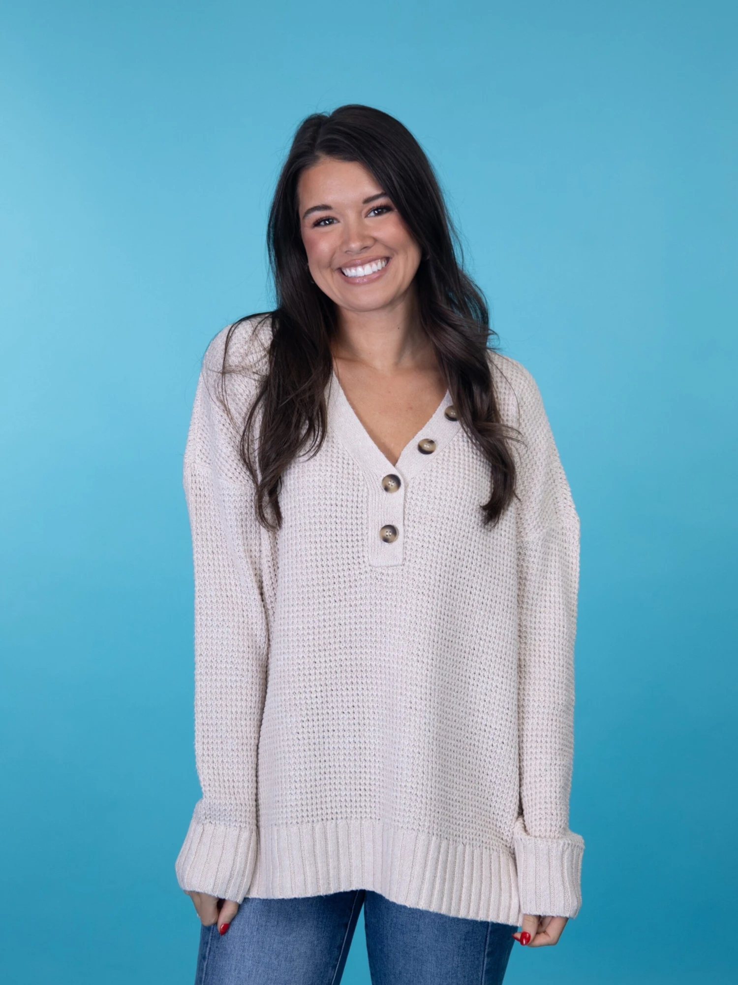 V Neck Waffle Knit Long Sleeve Top | S-L 2 V Neck Waffle Knit Long Sleeve Top | S-L - Image 2