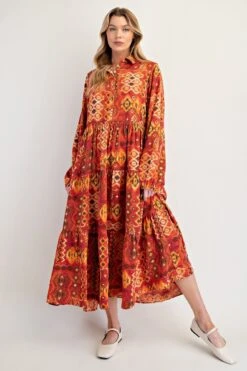 Long Sleeve Printed Button Down Midi Dress | S - L Easel