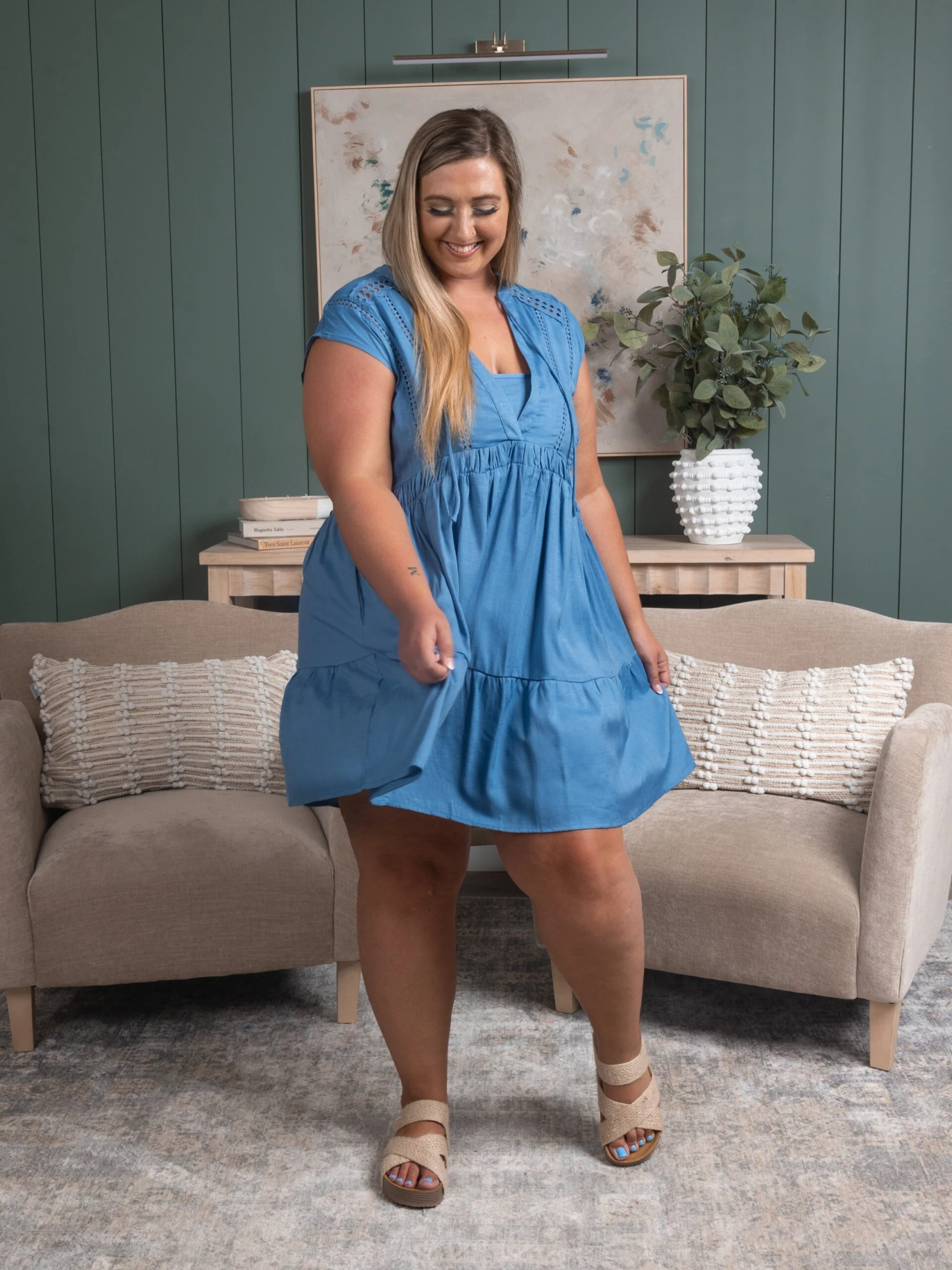 Lace Inset Split Neckline Tie Closure Mini Dress | S - 3XL Summer Concerts & Festivals 2 Lace Inset Split Neckline Tie Closure Mini Dress | S - 3XL Summer Concerts & Festivals - Image 2