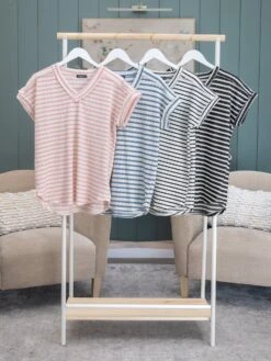 Short Sleeve V-Neck Stripe Top | S - 3X Pair W/ Sku60042
