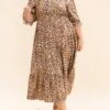 Animal Print Puff Sleeve Ruffle Neck Midi Dress | S-L Western