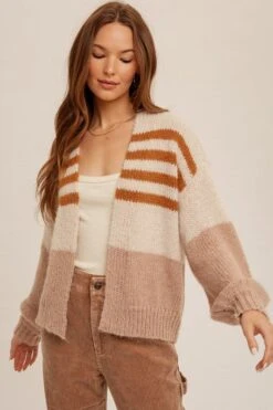 Stripe Detail Open Front Knit Cardigan | S - L Hem & Thread