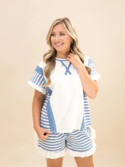Short Sleeve Round Neck Stripe Ruffled Sleeve Top | S-L Pair W/ Sku62801