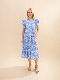 Paisley Print Tiered Midi Dress With Ruffle Shoulders | S-L