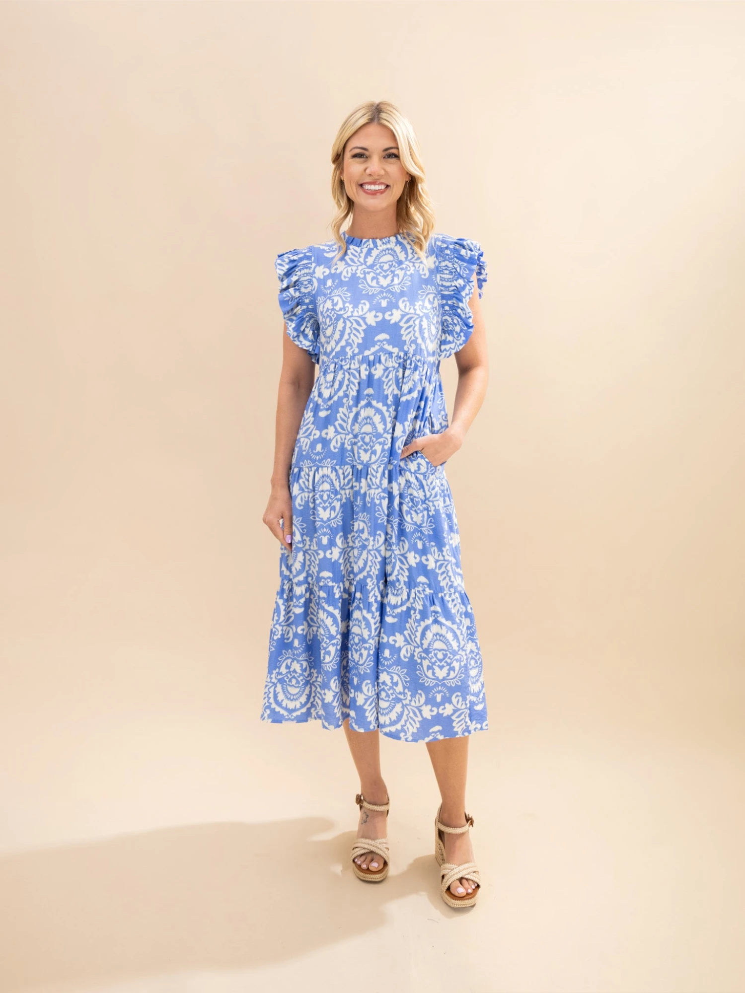 Paisley Print Tiered Midi Dress With Ruffle Shoulders | S-L 1 Paisley Print Tiered Midi Dress With Ruffle Shoulders | S-L