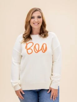 Boo PatternRibbed Edge Drop Shoulder Sweater | S-2XL Halloween -Discount Divas Shop b70fd8beca6224b1ffb69d35e91924be