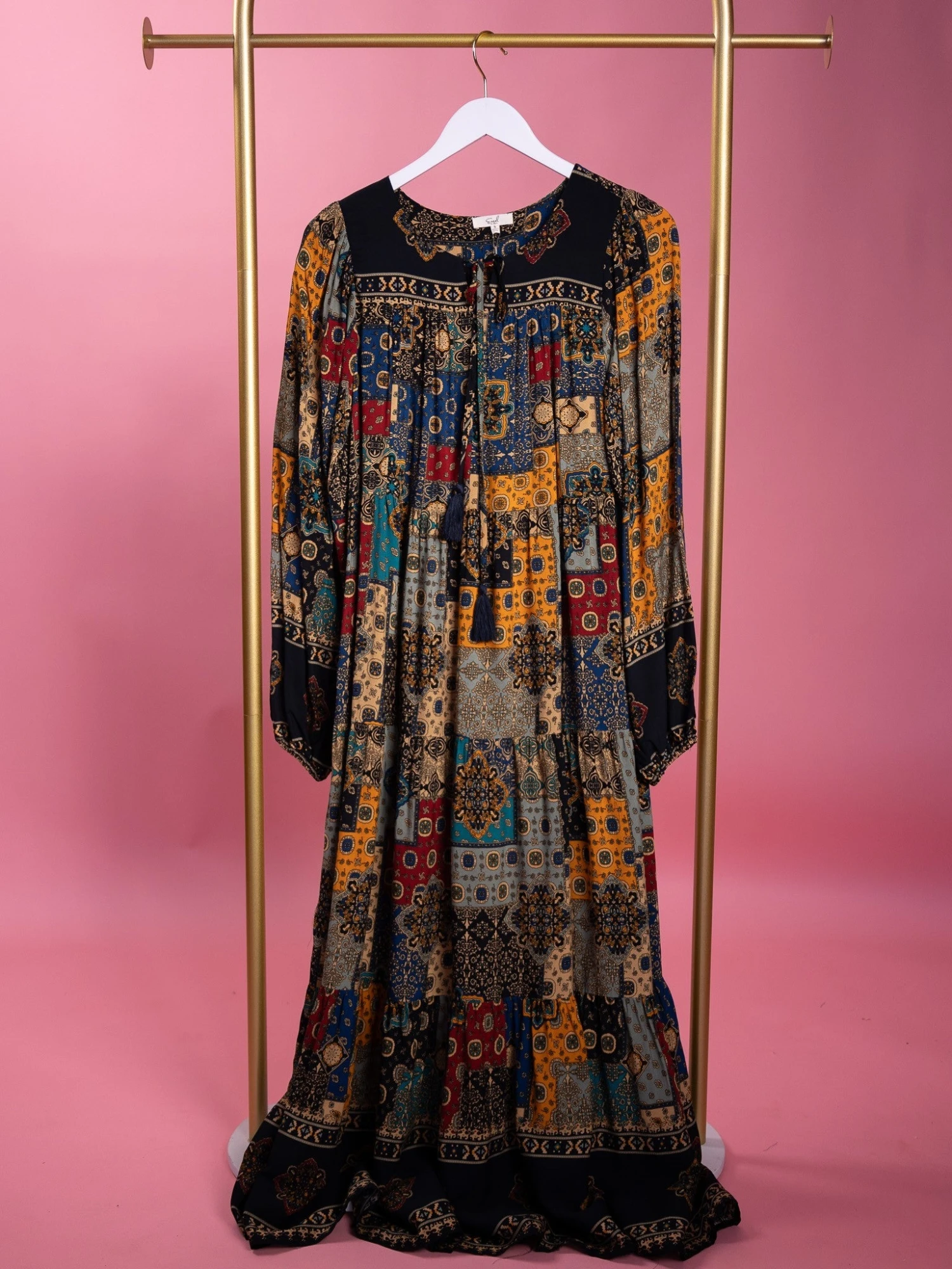 Long Sleeve Printed Maxi Dress W/ Tassels | S - L 1 Long Sleeve Printed Maxi Dress W/ Tassels | S - L