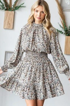 Floral Print Smocked Waist Mock Neck Dress | S - L
