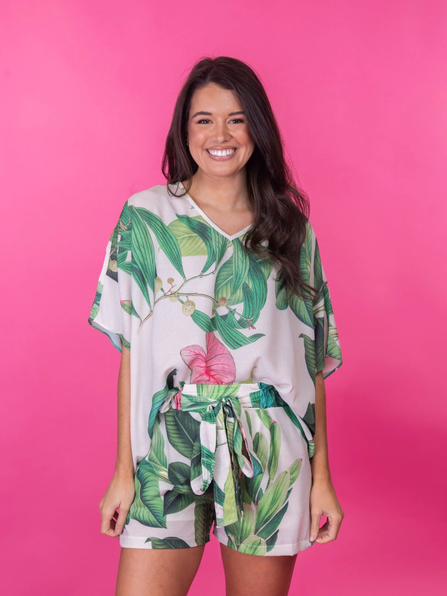 Oversized Hot Pink Leaf Print V Neck Top | S-3X Set W/ Sku49556 1 Oversized Hot Pink Leaf Print V Neck Top | S-3X Set W/ Sku49556