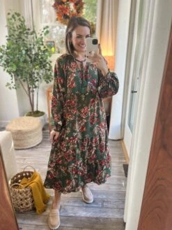 Round Neck W/ Tie Floral Print Long Sleeve Midi Dress | S-L