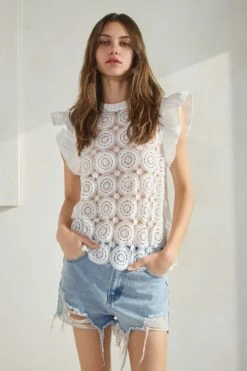 Crochet Lace Top With Flutter Short Sleeve And Ruffled Neck | S-3XL Oddi