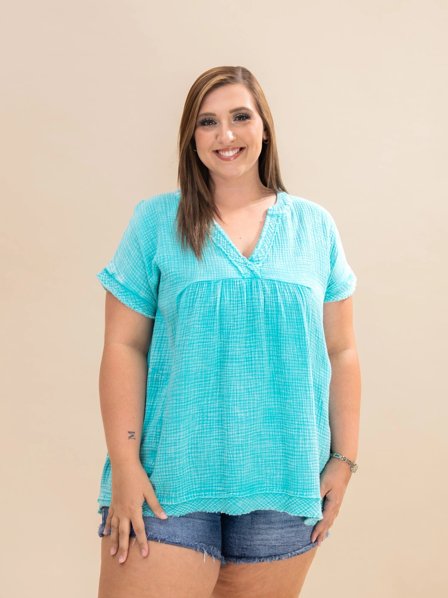 Zenana Washed Double Gauze Raw Edge Short Sleeve Top | S-3X 8 Zenana Washed Double Gauze Raw Edge Short Sleeve Top | S-3X - Image 8