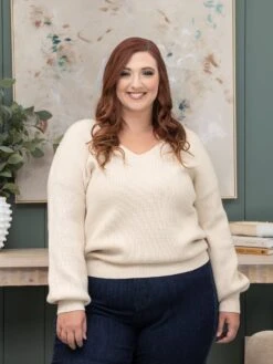 Lantern Sleeve V-Neck Knot Back Sweater | S-XL