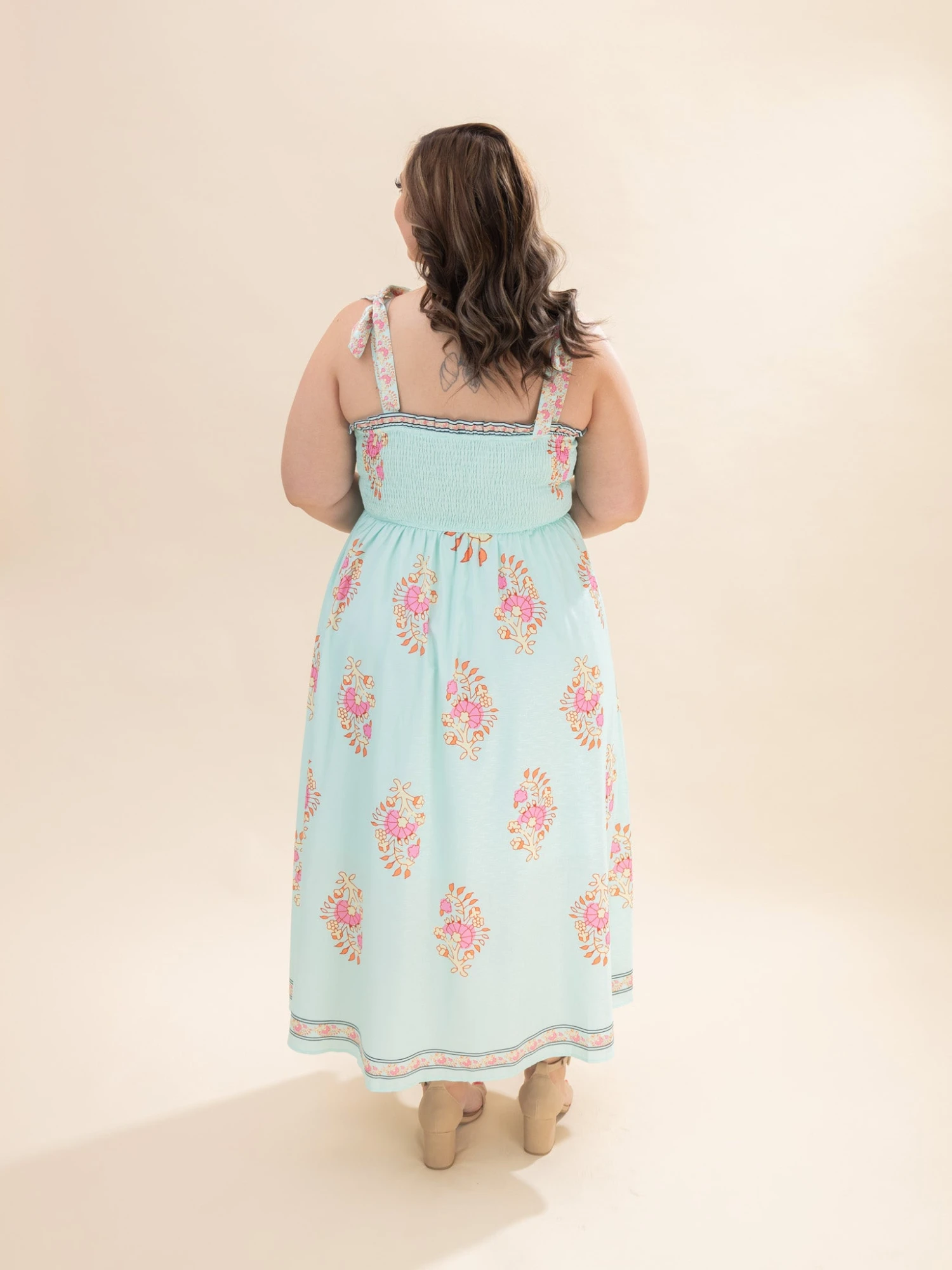 Printed Smocked Bodice Tie Strap Midi Dress | S - 3XL 4 Printed Smocked Bodice Tie Strap Midi Dress | S - 3XL - Image 4