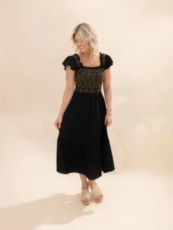 Woven Midi Dress With Embroidery Bodice Smocking | S - 3XL -Discount Divas Shop bec585c61bc45ab722029ad033d933f9