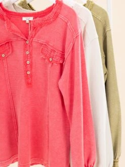 Long Sleeve Textured Thermal Mineral Washed Top | S-L -Discount Divas Shop bedc2cff32cc99c7882c3bf00a745a07