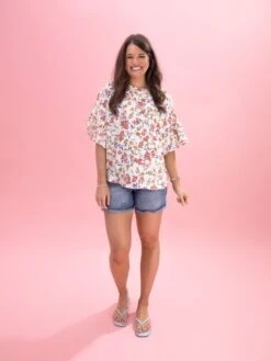 Floral Double Ruffle Sleeve Round Neck Top By DD Design | S-3XL