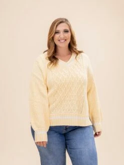 Mixed Cable Knit V Neck Varsity Sweater Top | S-3XL