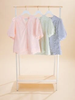 Bubble Sleeve Striped Woven Top | S-L
