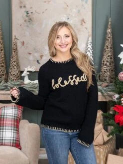 Blessed Thanksgiving Lettering Sweater W/ Blanket Stitch | S-L Thanksgiving