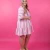 Easel V Neck Striped Babydoll Embroidered Dress | S - L