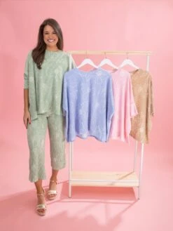 Floral Raised Rib Easy Fit 3/4 Sleeve Top By DD Design | Reg-Plus Pair W/ Sku62311