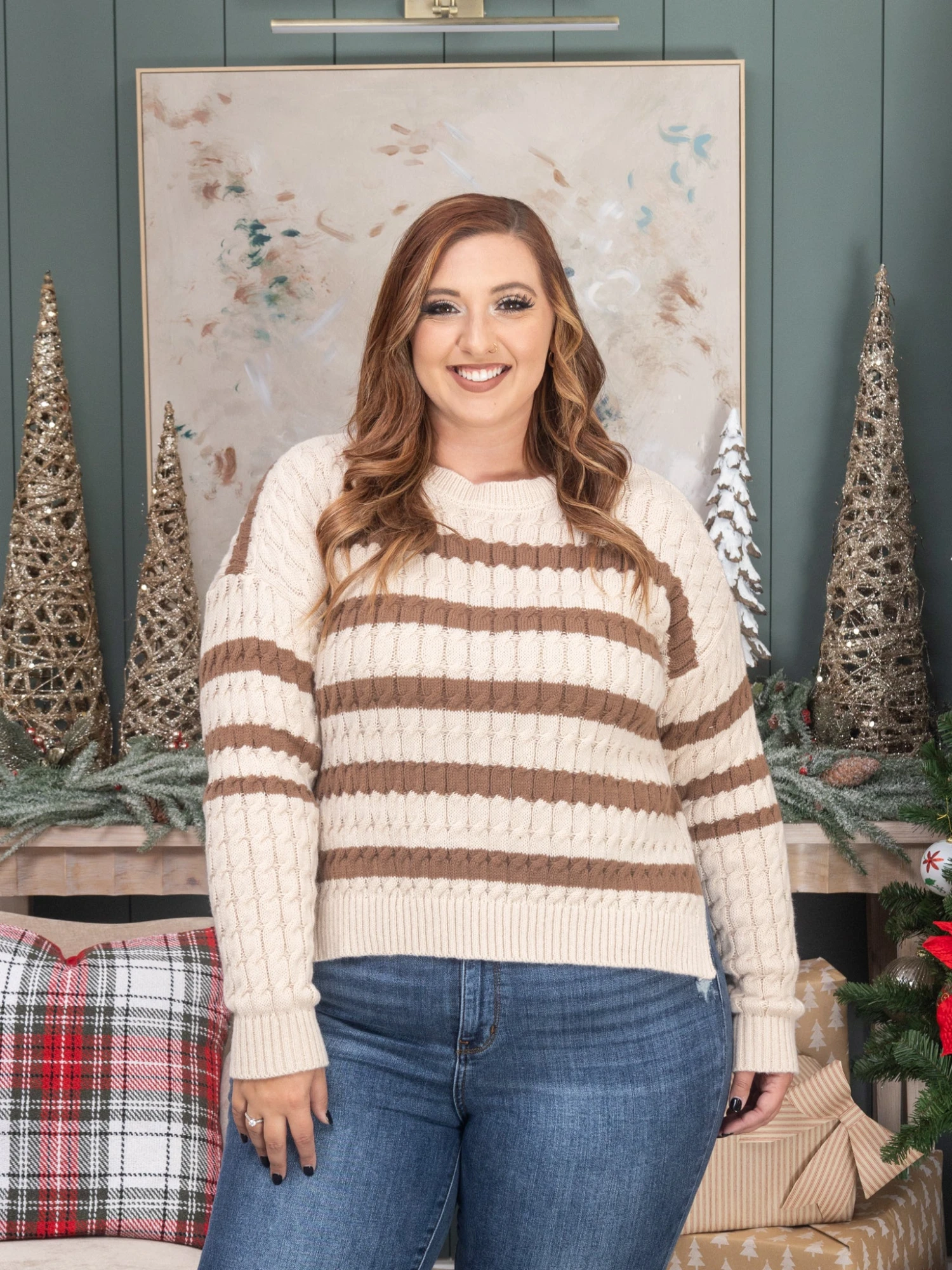 StripeCable Knit Sweater W/ Side Slits | S-L Thanksgiving 6 StripeCable Knit Sweater W/ Side Slits | S-L Thanksgiving - Image 6