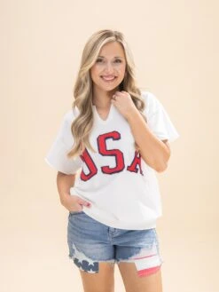 "USA" Letter Printing Sweatshirt With V Neck And Short Sleeves | S-3XL Americana