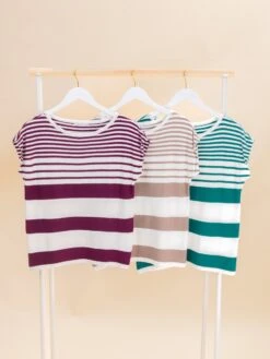 STACCATO Short Sleeve Wide Crew Neck Engineering Striped Sweater | S-XL