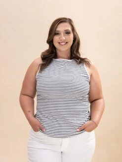 Striped Print Ribbed Knit Sleeveless Top | S-2XL