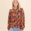 Long Sleeve Printed Challis Babydoll Top | S-L