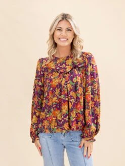 Long Sleeve Printed Challis Babydoll Top | S-L