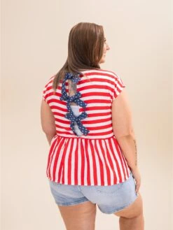 Drop Shoulder Woven Striped Top With Contrast Back Bow Tie | S-L Americana -Discount Divas Shop c643f6aa4cd86b04226cff6f2e8e96ba