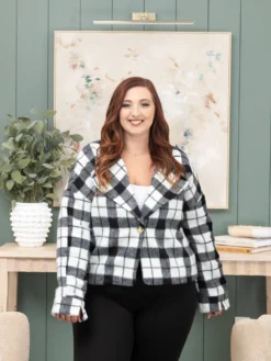 Plaid Print Long Sleeve Brushed Short Jacket | S-3X