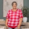 Round Neck Bubble Short Sleeve Gingham Knit Sweater | S - 3XL