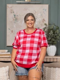 Round Neck Bubble Short Sleeve Gingham Knit Sweater | S - 3XL