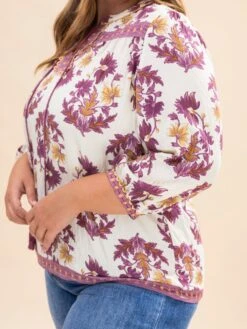 Floral Fall Print 3/4 Length Sleeve Blouse W/ Decorative Trim Details & Tassel Neck Tie | S-L -Discount Divas Shop c74295585b0edef5f126836d8fb7e5c7