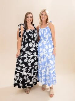 Woven Print Smocking Tiered Maxi Dress W/ Shoulder Tie & Side Pocket | S-2XL