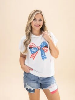 Short Sleeve Hoodie With American Flag Ribbon | S-L Americana