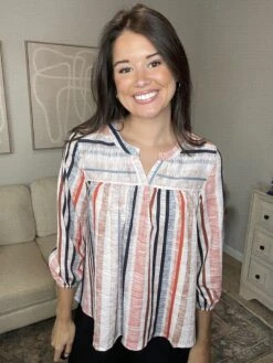 Striped 3/4 Sleeve Split Neck Top | S-XL